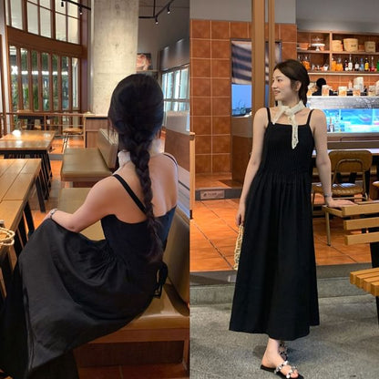 Spaghetti Strap Square Neck Plain Pleated Midi A-Line Dress