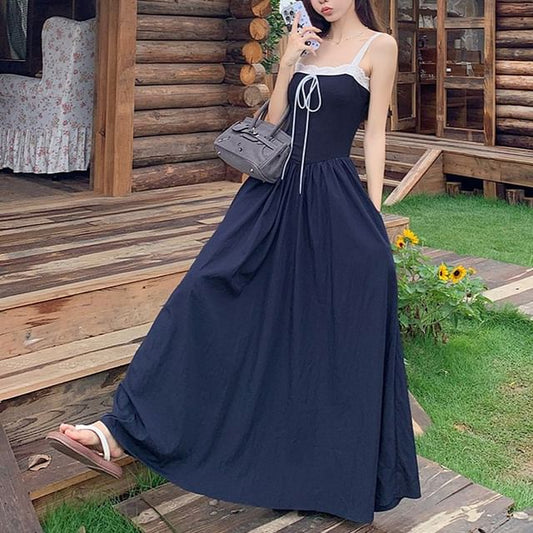 Spaghetti Strap Square Neck Plain Lace Trim A-Line Dress (Various Designs)