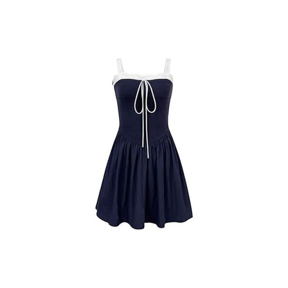 Spaghetti Strap Square Neck Plain Lace Trim A-Line Dress (Various Designs)