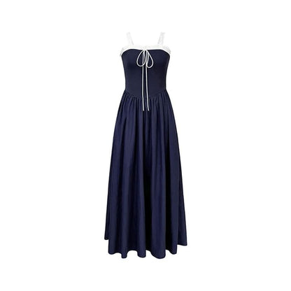 Spaghetti Strap Square Neck Plain Lace Trim A-Line Dress (Various Designs)