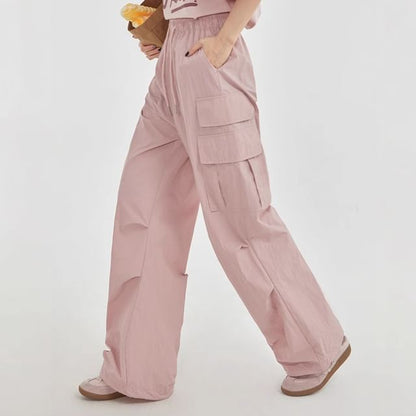 High Rise Plain Pocket Loose-Fit Wide-Leg Cargo Pants