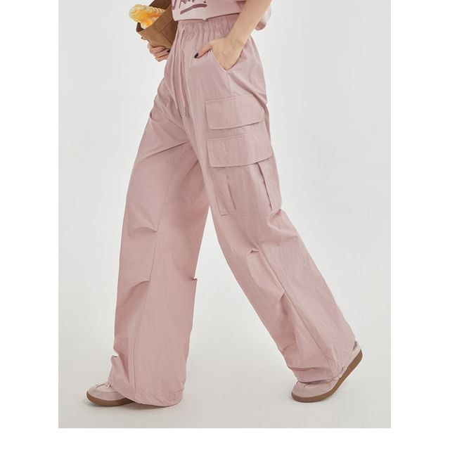 High Rise Plain Pocket Loose-Fit Wide-Leg Cargo Pants