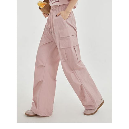High Rise Plain Pocket Loose-Fit Wide-Leg Cargo Pants