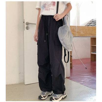 High Rise Plain Pocket Loose-Fit Wide-Leg Cargo Pants