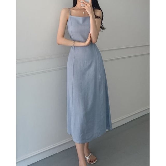 Spaghetti Strap Square Neck Plain Tie Waist Midi A-Line Dress