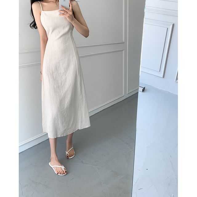 Spaghetti Strap Square Neck Plain Tie Waist Midi A-Line Dress