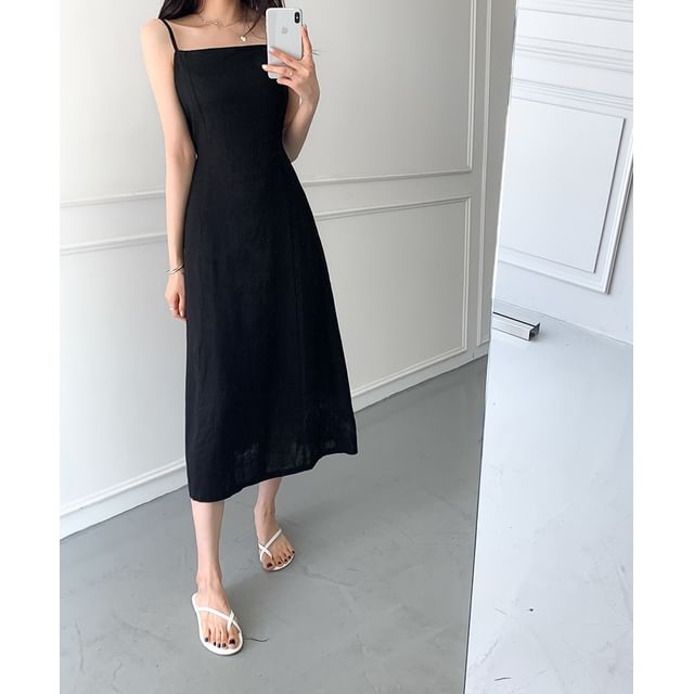 Spaghetti Strap Square Neck Plain Tie Waist Midi A-Line Dress