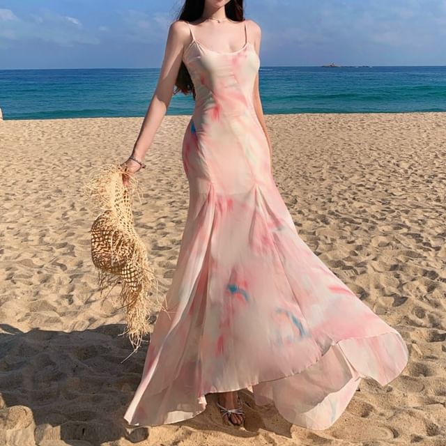 Spaghetti Strap Scoop Neck Tie Dye Maxi Mermaid Dress