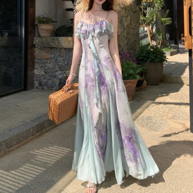 Spaghetti Strap V-Neck Tie Dye Ruffle Trim Maxi A-Line Dress