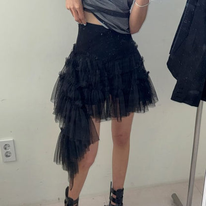 Asymmetric Flounce Mini Skirt with Mesh Insets