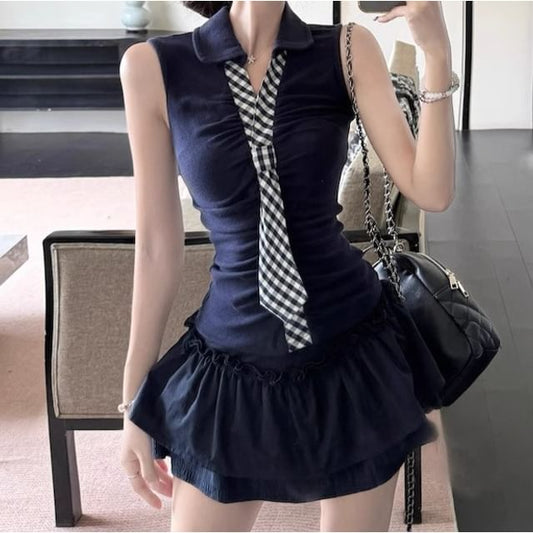 Collar Slim Tank with Tiered Mini Flared Skirt