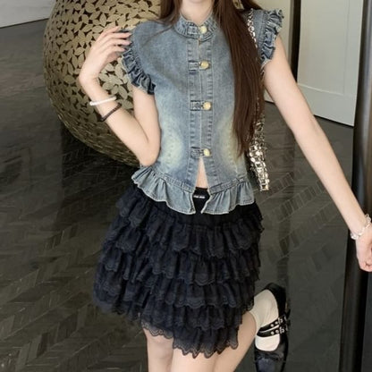 Cap Sleeve Denim Blouse with Tiered Lace Mini Skirt