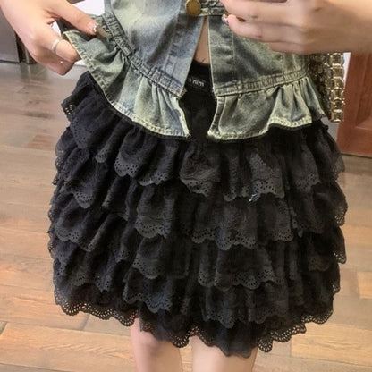 Cap Sleeve Denim Blouse with Tiered Lace Mini Skirt