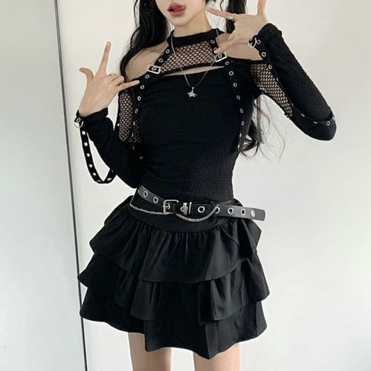 Cold Shoulder Mesh Smocked Top with Layered Mini Skirt and Belt Set
