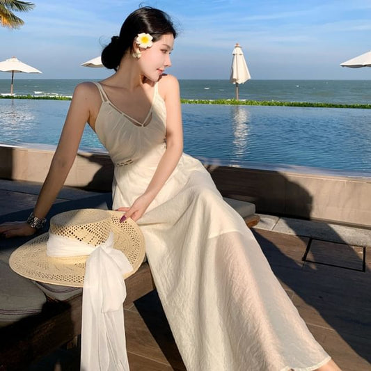 Spaghetti Strap V-Neck Plain Maxi Sheath Dress
