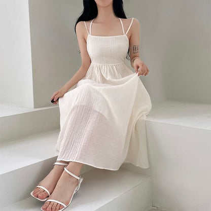 Spaghetti Strap Plain Open-Back Slim-Fit Midi A-Line Dress
