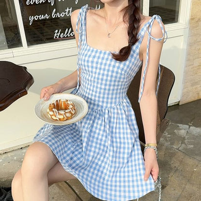 Spaghetti Strap Square Neck Gingham Mini A-Line Dress