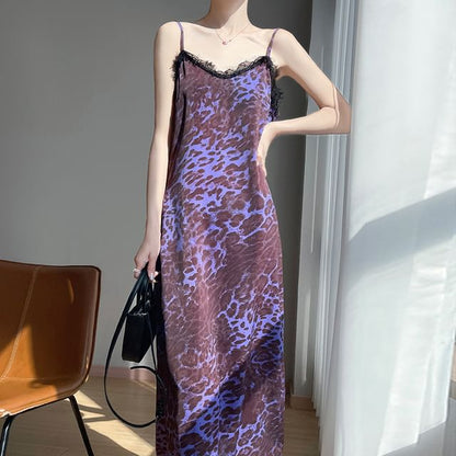 Spaghetti Strap Leopard Print Lace Trim Midi A-Line Dress