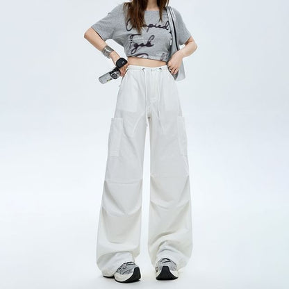 Drawstring Waist Plain Baggy Cargo Pants (Various Designs)
