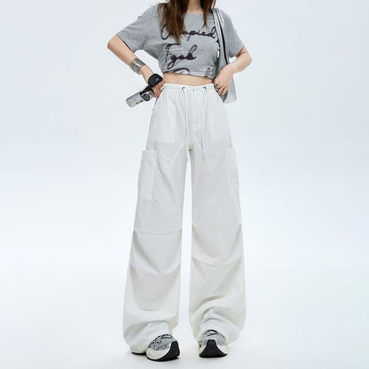 Drawstring Waist Plain Baggy Cargo Pants (Various Designs)