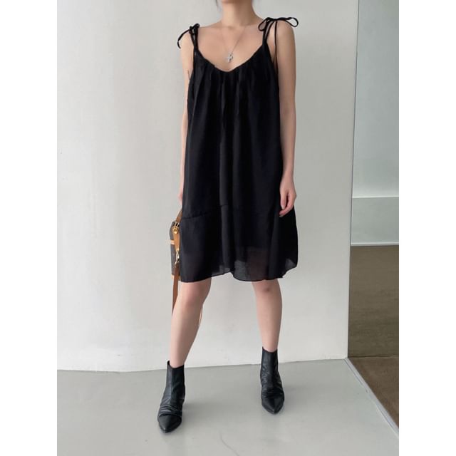 Tie-Shoulder Plain Mini A-Line Dress