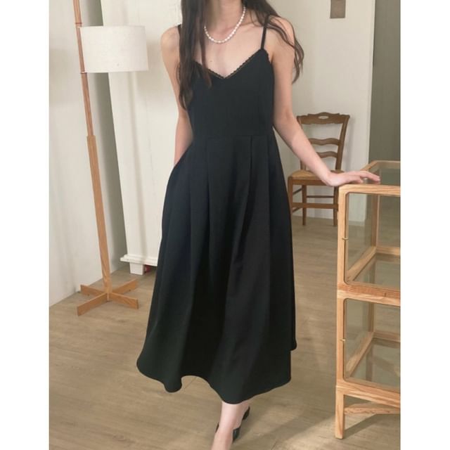 Spaghetti Strap V-Neck Plain Lace Trim Midi A-Line Dress