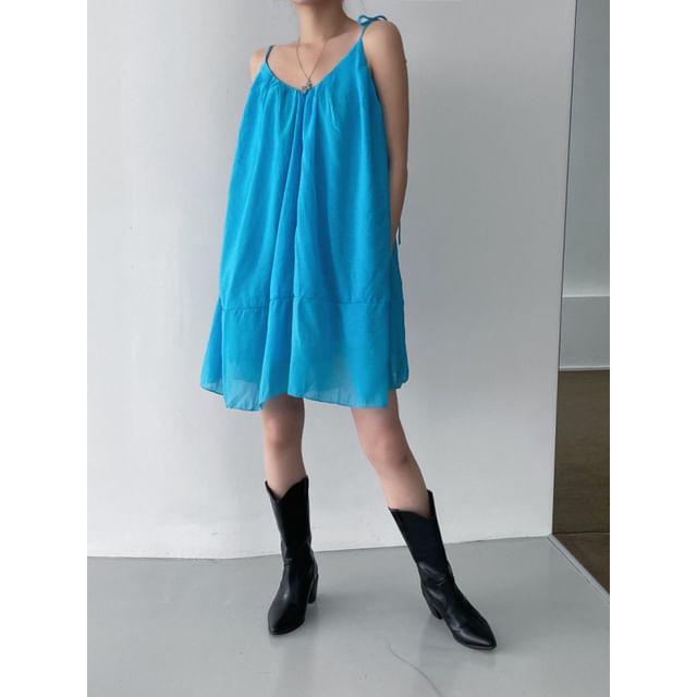 Tie-Shoulder Plain Mini A-Line Dress
