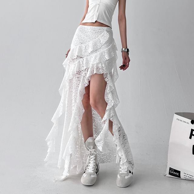 Asymmetric Ruffle Lace Maxi Flared Skirt