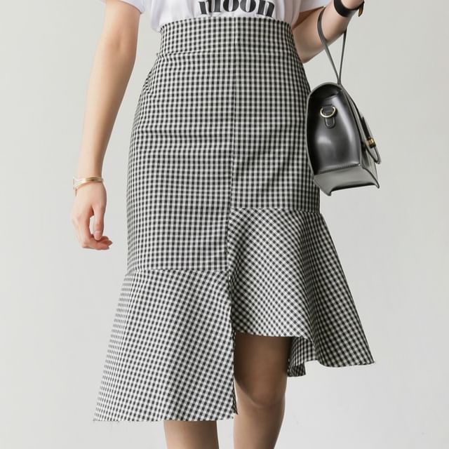 Round Neck Tee with Plaid Asymmetric Midi Flared Skirt