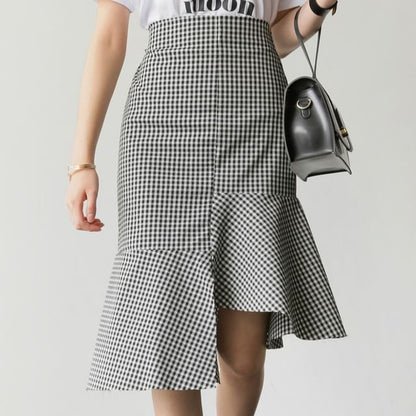 Round Neck Tee with Plaid Asymmetric Midi Flared Skirt
