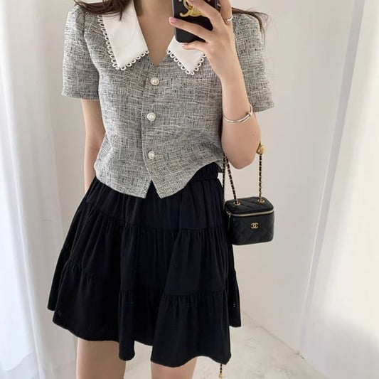 Plaid Lace Trim Blouse with High Rise Mini Flared Skirt