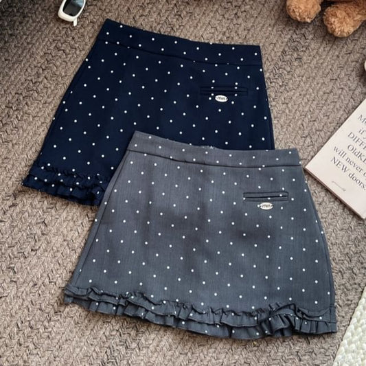 Dotted Ruffle Mini Flared Skirt with Mid Rise