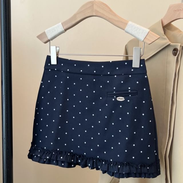 Dotted Ruffle Mini Flared Skirt with Mid Rise