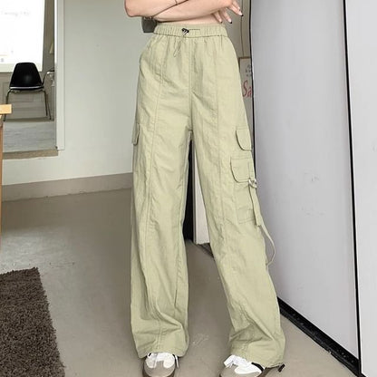 High Waist Plain Cargo Straight Leg Pants