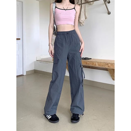 High Waist Plain Cargo Straight Leg Pants