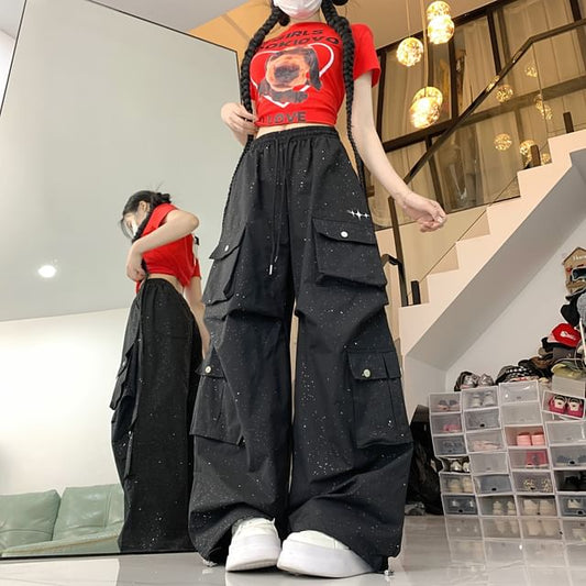 Drawstring Waist Glitter Baggy Cargo Pants