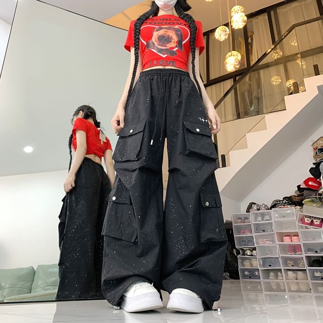 Drawstring Waist Glitter Baggy Cargo Pants