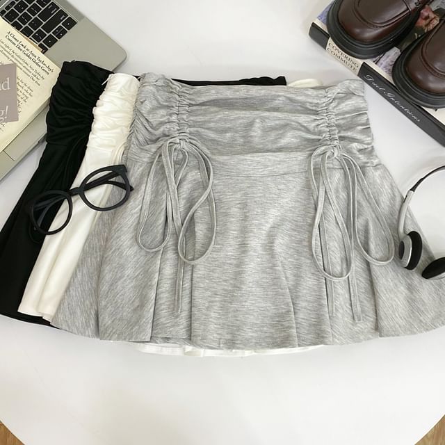 Ruched Drawstring Mini Flared Skirt