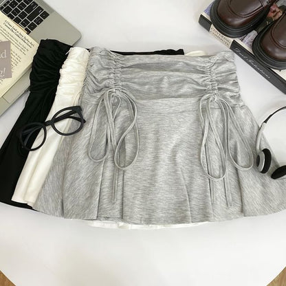 Ruched Drawstring Mini Flared Skirt