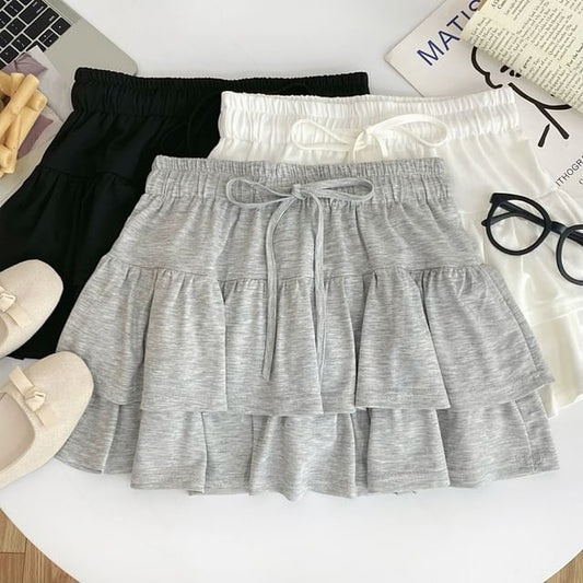 Drawstring Tiered Mini Flared Skirt