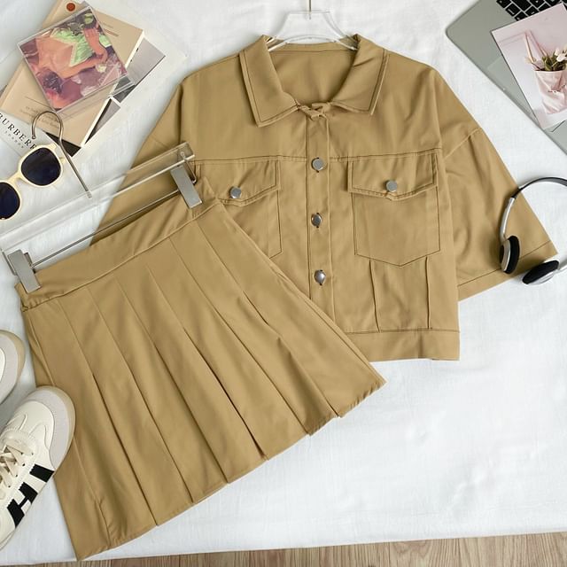 Collared Crop Blouse and Pleated Mini Skirt Set