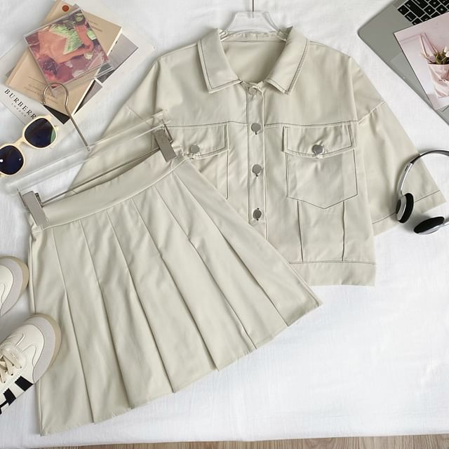 Collared Crop Blouse and Pleated Mini Skirt Set