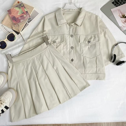 Collared Crop Blouse and Pleated Mini Skirt Set