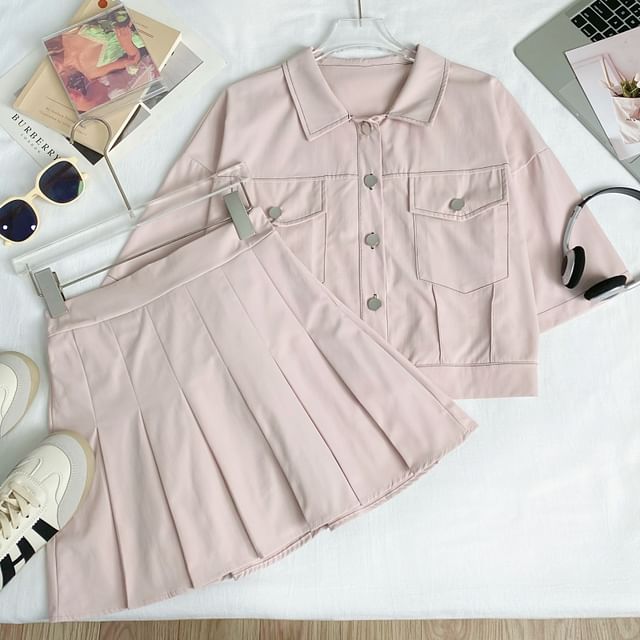 Collared Crop Blouse and Pleated Mini Skirt Set