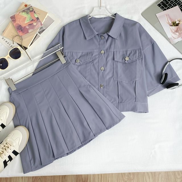 Collared Crop Blouse and Pleated Mini Skirt Set