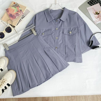 Collared Crop Blouse and Pleated Mini Skirt Set
