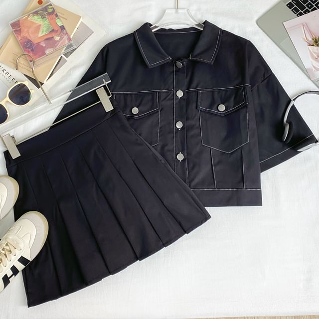 Collared Crop Blouse and Pleated Mini Skirt Set