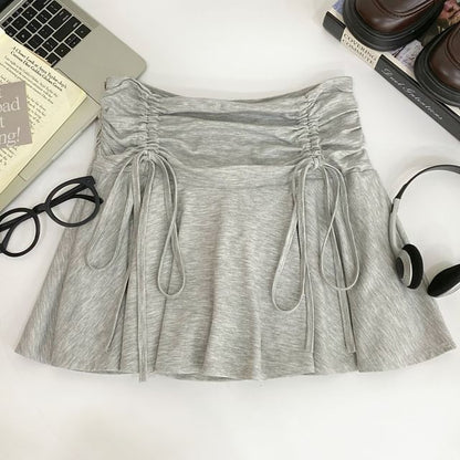 Ruched Drawstring Mini Flared Skirt