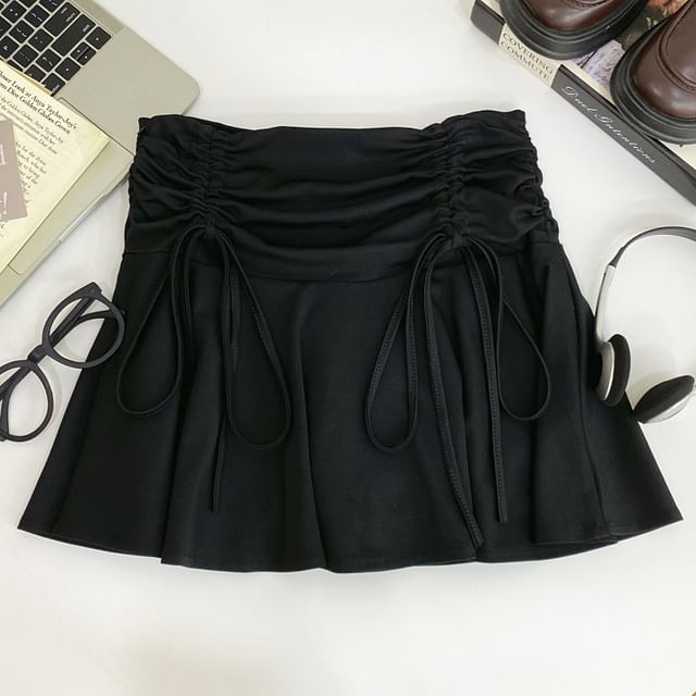 Ruched Drawstring Mini Flared Skirt