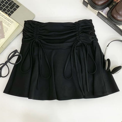 Ruched Drawstring Mini Flared Skirt